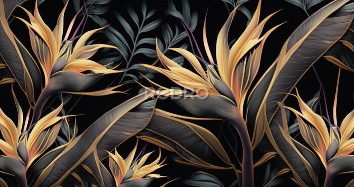 Papier peint  Golden strelitzia flowers. Mystic seamless pattern, premium dark background, luxury mural, royal texture, 3d wallpaper. Magic watercolor illustration. Digital art, poster, wall, paper, Generative AI