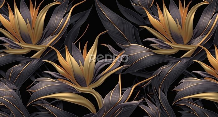 Papier peint  Golden strelitzia flowers. Mystic seamless pattern, premium dark background, luxury mural, royal texture, 3d wallpaper. Magic watercolor illustration. Digital art, poster, wall, paper, Generative AI