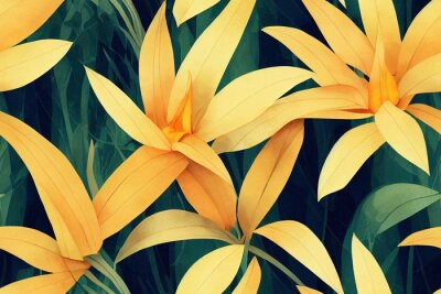 Papier peint  Golden strelitzia flowers. Mystic seamless pattern, premium dark background, luxury mural, royal texture, 3d wallpaper. Magic watercolour illustration. Digital art, poster, wall, paper, fabric, cloth