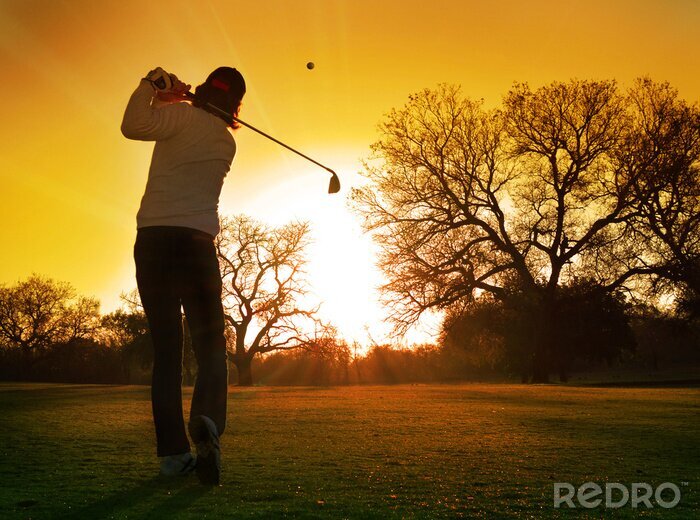 Papier peint  golfeur jeu course dans le soleil couchant