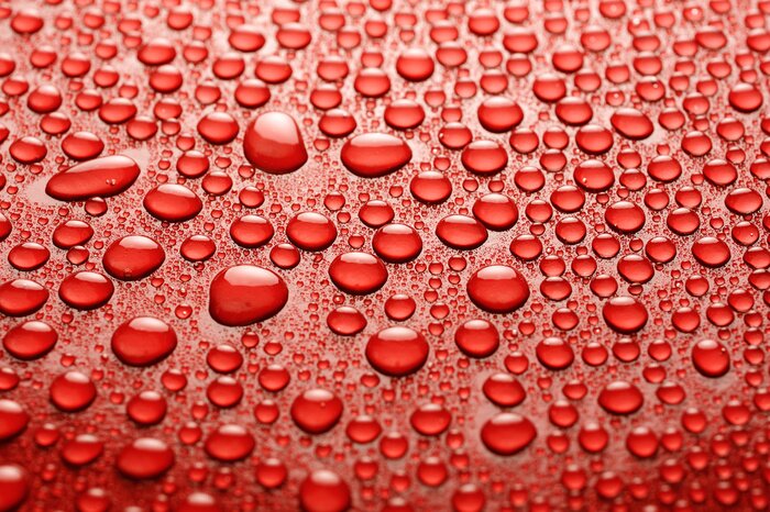 Papier peint  Gouttes d'eau rondes sur un fond rouge
