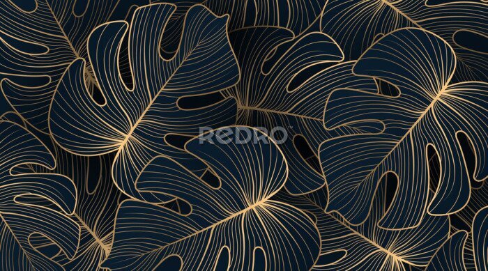 Papier peint  Gradient golden linear background with monstera leaves. Hand drawn luxury golden tropical leaf on dark background. Vector linear illustration of leaves for prints, banner, poster, cover, wallpaper