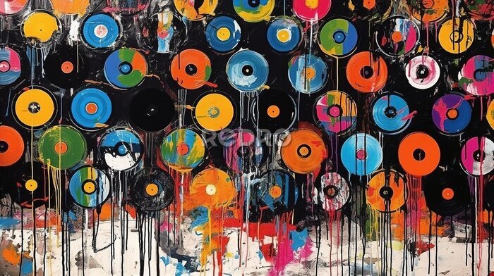 Papier peint  Graffiti avec des disques vinyles dans le style pop art