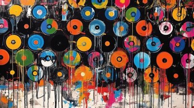 Papier peint  Graffiti avec des disques vinyles dans le style pop art
