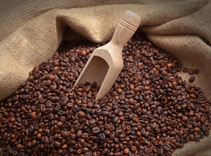 Papier peint  Grains de café dans un sac de jute