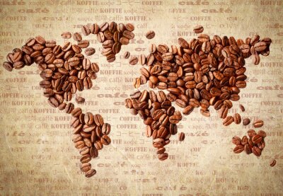 Grains de café formant une carte du monde