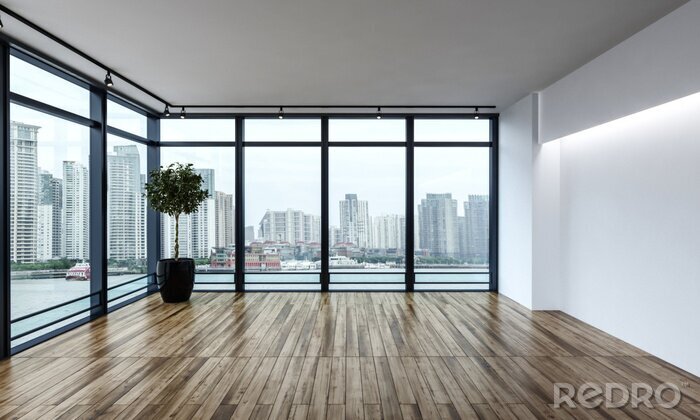 Papier peint  Grande salle vide donnant sur un quartier central des affaires de la ville