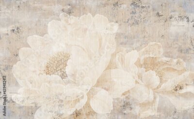Papier peint  Grandes Fleurs de Pivoine sur un Mur en Béton