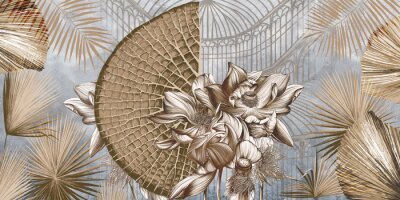 Papier peint  Graphic illustration of a greenhouse. Floral wallpaper with exotic jungle leaves and water lilies.  Abstract botanical design for photo wallpaper, wallpaper, mural, card.