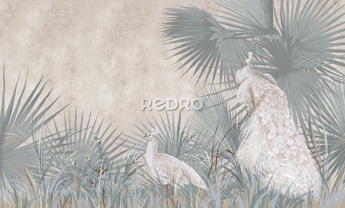 Papier peint  Graphic illustration of a peacocks and leaves. Design for interior project, wallpaper, photo wallpaper, mural, poster, home decor, card, packaging!
