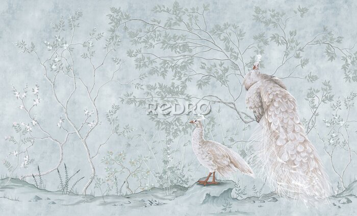 Papier peint  Graphic illustration of a peacocks and trees.
Design for interior project, wallpaper, photo wallpaper, mural, poster, home decor, card, packaging!