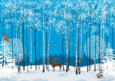 Papier peint  Graphique d'une forêt de bouleaux avec des animaux