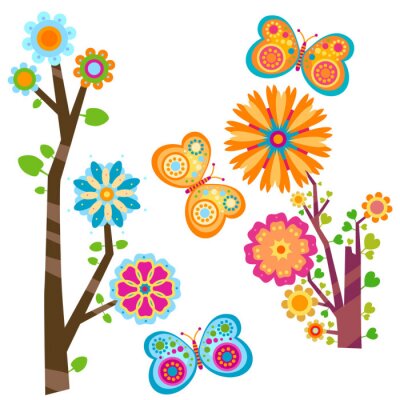 Graphiques multicolores de fleurs, de papillons et d'arbres