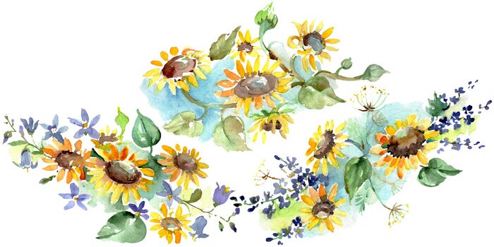 Papier peint  Grappes de tournesols et accessoires bleu-violet