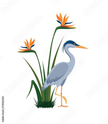Papier peint  Gray heron and Strelitzia (bird of paradise) flowering bush, eps 10 format