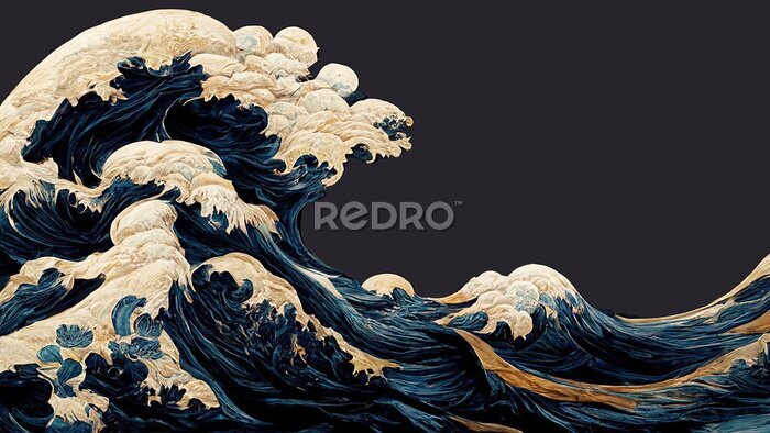 Papier peint  Great blue ocean wave as Japanese vintage style illustration