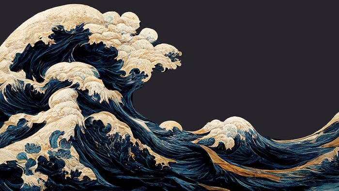 Papier peint  Great blue ocean wave as Japanese vintage style illustration