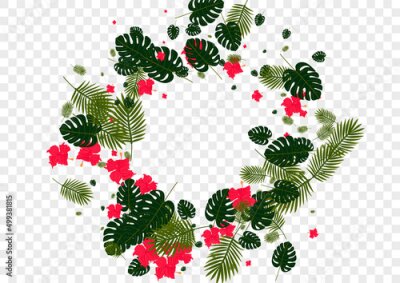 Papier peint  Green Hibiscus Background Transparent Vector. Tree Bright Pattern. Red Strelitzia. Safari Frame. Orange Tropical Design.