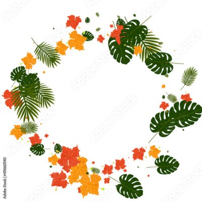 Papier peint  Green Leaves Background White Vector. Foliage Isolated Illustration. Yellow Strelitzia. Brazil Frame. Red Miami Texture.