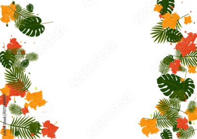 Papier peint  Green Leaves Background White Vector. Palm Realistic Texture. Orange Strelitzia. Surf Card. Yellow Safari Pattern.