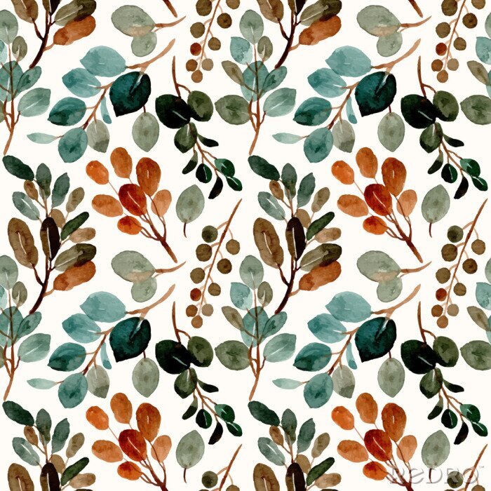 Papier peint  Green leaves seamless pattern with watercolor