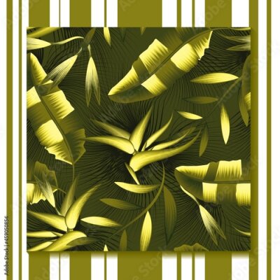 Papier peint  green light banana leaf tropical plants seamless pattern with strelitzia flower on night background. vector design. exotic summer fashionable. print texture decorative