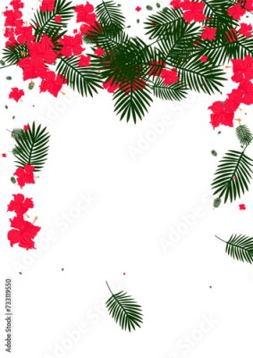 Papier peint  Green Strelitzia Background White Vector. Foliage Jungle Frame. Yellow Hibiscus. Silhouette Illustration. Orange Artwork Card.