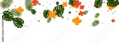 Papier peint  Green Strelitzia Background White Vector. Leaves Drawing Backdrop. Orange Flora. Realistic Card. Pink Safari Frame.