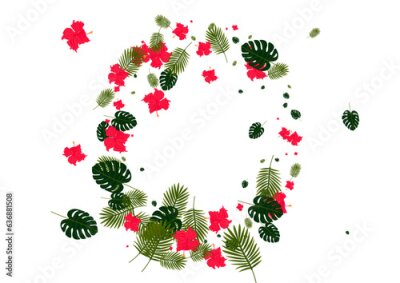 Papier peint  Green Tree Background White Vector. Hibiscus Popular Card. Light Green Strelitzia. Realistic Pattern. Red Style Frame.