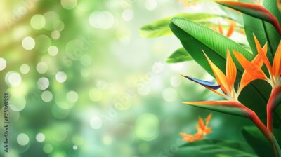 Papier peint  Green Tropical Background with Strelitzia Flowers
