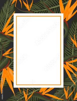 Papier peint  Greeting card template with tropical strelitzia flowers and leaves background. Vector illustration.