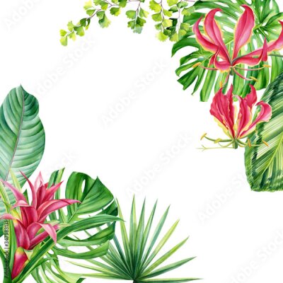 Papier peint  Greeting card, tropical plants, palm leaves, monstera, calathea, strelitzia, fern, lilies, hibiscus flowers on white background