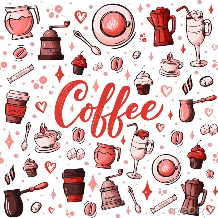 Papier peint  Gribouillis dessinés à la main sur le sujet de café, modèle sans couture de thème café-restaurant. Coloré détaillé, avec beaucoup d'objets vectoriels fond. Éléments de croquis pour votre conception