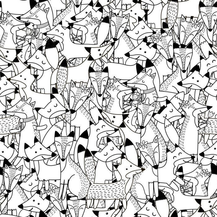 Papier peint  Griffonnage, renards, seamless, modèle