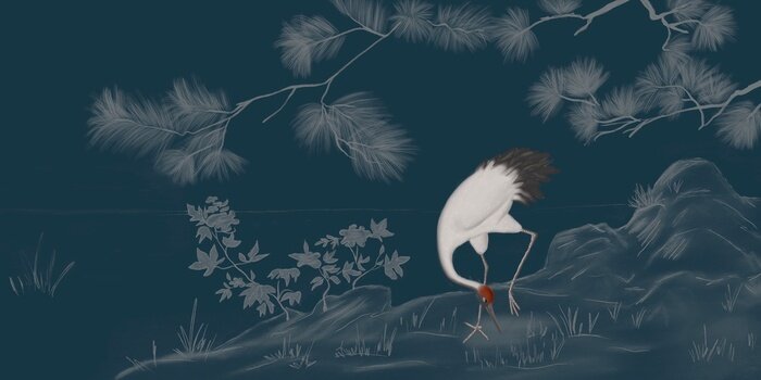 Papier peint  Grue blanche dans le pré la nuit