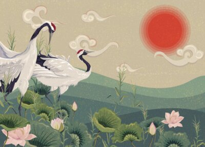 Poster  Grues dans une illustration de style Japandi