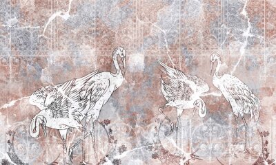 Papier peint  Grues sur fond de béton