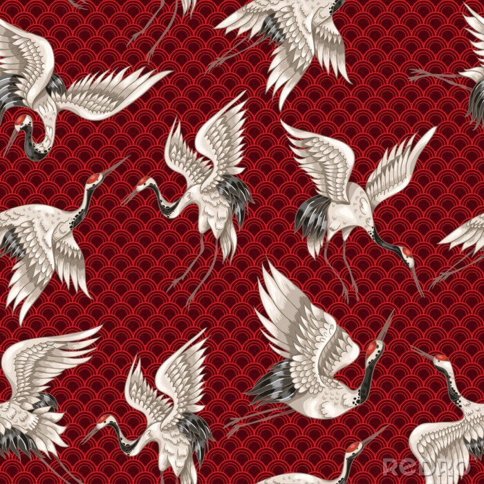 Papier peint  Grues sur fond rouge à motifs