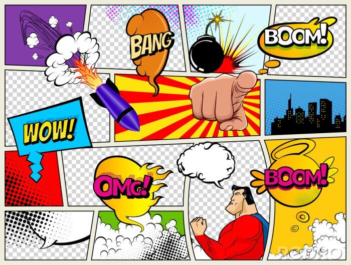 Papier peint  Grunge Retro Comic Speech Bubbles. Background with radial halftone effects and rays in pop-art style. Abstract Talking Clouds and Sounds