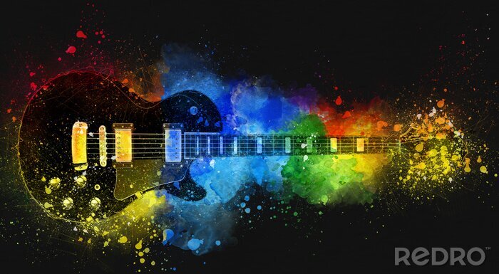 Papier peint  Guitare noire saupoudrée de poudres colorées