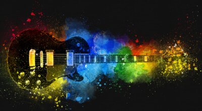 Papier peint  Guitare noire saupoudrée de poudres colorées