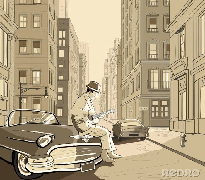 Papier peint  guitariste dans une vieille rue de New York