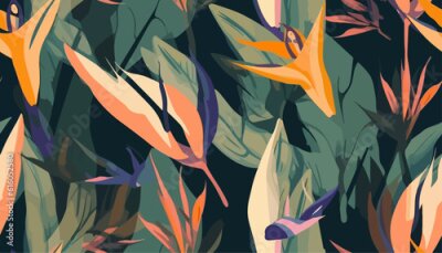 Papier peint  Hand drawn abstract jungle pattern with strelitzia flower. Creative collage contemporary seamless pattern. Natural colors. Fashionable template for design