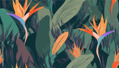 Papier peint  Hand drawn abstract jungle pattern with strelitzia flower. Creative collage contemporary seamless pattern. Natural colors. Fashionable template for design