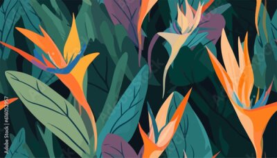 Papier peint  Hand drawn abstract jungle pattern with strelitzia flower. Creative collage contemporary seamless pattern. Natural colors. Fashionable template for design