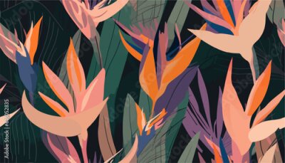 Papier peint  Hand drawn abstract jungle pattern with strelitzia flower. Creative collage contemporary seamless pattern. Natural colors. Fashionable template for design