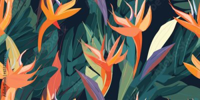 Papier peint  Hand drawn abstract jungle pattern with strelitzia flower. Creative collage contemporary seamless pattern. Natural colors. Fashionable template for design