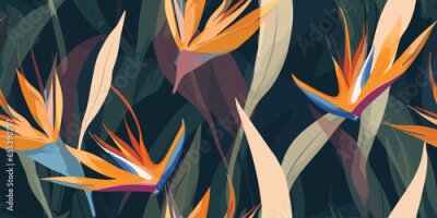 Papier peint  Hand drawn abstract jungle pattern with strelitzia flower. Creative collage contemporary seamless pattern. Natural colors. Fashionable template for design
