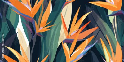 Papier peint  Hand drawn abstract jungle pattern with strelitzia flower. Creative collage contemporary seamless pattern. Natural colors. Fashionable template for design