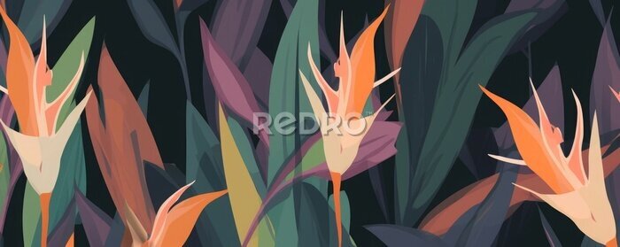 Papier peint  Hand drawn abstract jungle pattern with strelitzia flower. Creative collage contemporary seamless pattern. Natural colors. Fashionable template for, Generative AI